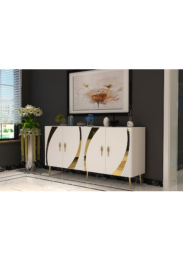 Handle Konsol Tv Sehpası Çok Amaçlı Dolap 150 Cm Beyaz Altın