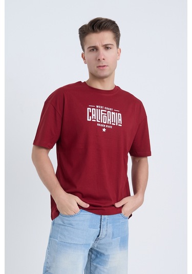 Erkek Oversize Baskılı T-shirt Bordo California Bordo