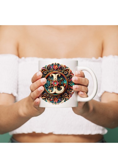 L Harfi Boho Bardak, Renkli Özel Tasarım Hediyelik Harfli Kupa, 330ml Porselen Beyaz