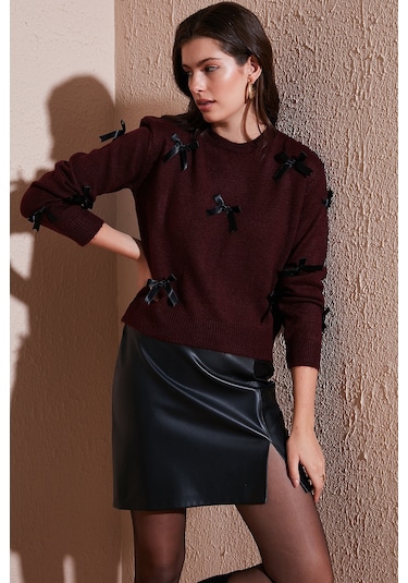 Lela Premium Regular Fit Bisiklet Yaka Fiyonk Detaylı Triko Bayan Kazak 680Kz00155 Bordo