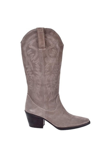 Pullman Hakiki Deri İşlemeli Western Kadın Çizme Plm-011 Vizon Süet Vizon Süet
