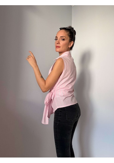 Ali Butik Pembe Çizgili Sıfır Kol Poplin Gömlek Pembe