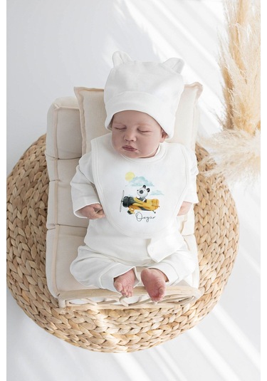 Lilabio %100 Organik Isme Özel Isimli Yazlık 10lu Hastane Çıkışı Panda Ekru