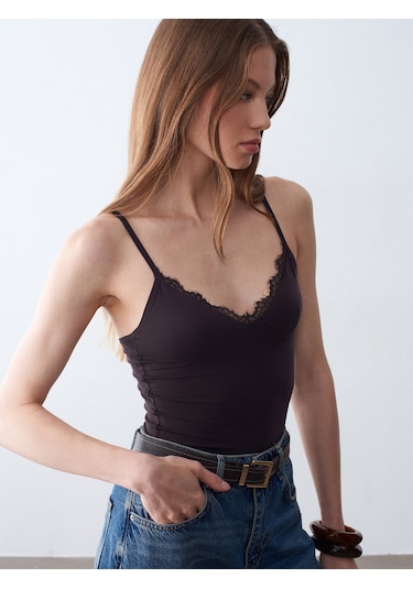 Dilvin 21191 Dantelli Top-koyu Kahve