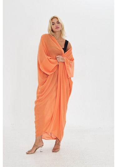 Kutaf Turuncu Uzun Yumusak Ipek Karısımlı Kimono / Beachwear Turuncu