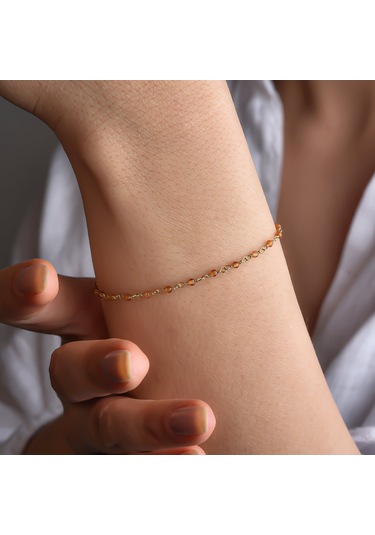 14 Ayar Altın Kaplama Sitrin Doğal Taşlı El Yapımı Gümüş Bileklik - Cbs00133 Altın