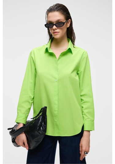 DELFINO Kadın Oversize %100 Organik Pamuk Uzun Kollu İnce Uzun Fıstık Yeşili Gömlek