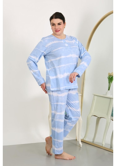 Akbeniz Kadın Büyük Beden Uzun Kol Penye Pijama Takımı Mavi 202502 Mavi