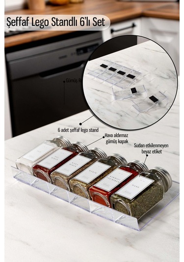 6'lı Şeffaf-lego Standlı Cam Baharatlık Seti Gümüş Kapaklı Beyaz Etiketli Baharatlık-mh03slvr06 Beyaz - Şeffaf