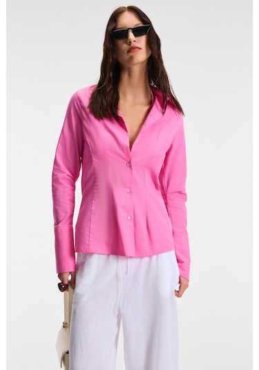 PAPILUS Kadın Regular %100 Organik Pamuk İnce Uzun Gömlek Yaka Uzun Kollu Pembe Gömlek