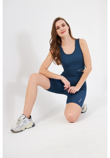 Lesa Wear Yüksek Bel Likralı Toparlayıcı Kısa Şort Tayt Crop Takım Mavi