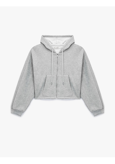 Koton Şardonlu Kapüşonlu Baskılı Simli Cep Detaylı Fermuarlı Sweatshirt Kar Melanj 6wal10488ık Gri Melanj