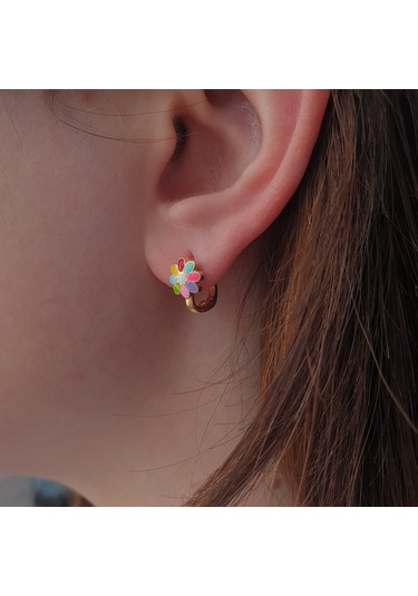 Rengarenk Mineli Klipsli Çiçekli Papatyalı Gümüş Çocuk Küpesi