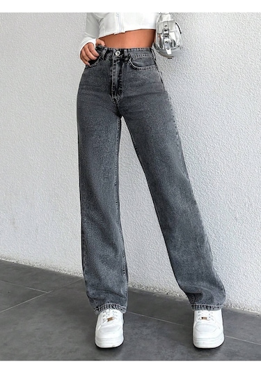 Kadın Straıght Denim Pantolon Gri