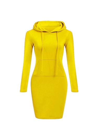 Şarap Kırmızısı Kadın Modası İnce Kapşonlu Uzun Kollu Katı Kalem Kapüşonlu Elbise