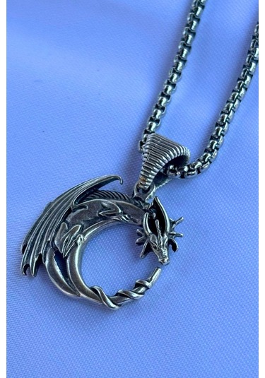Kanatlı Ejderha El İşçiliği Paslanmaz Çelik Zincir Erkek Kolye Gümüş