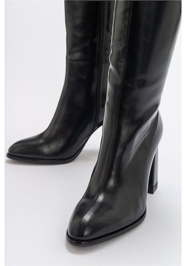 Luvishoes Decer Siyah Cilt Kadın Topuklu Çizme Siyah