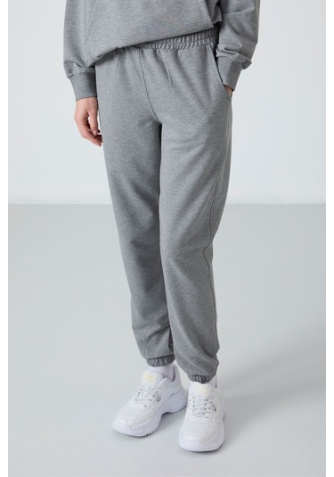 Tommy Life Gri Melanj Kapüşonlu Kanguru Cep Oversize Lastik Paça Kadın Eşofman Takımı - 95288 GRİ MELANJ