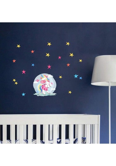Renk Dans Eden Tek Boynuzlu At Duvar Sticker Sanatı Kendin Yap Yıldız Sticker Kreş Bebek Odası Dekorasyon Karikatür Ev Duvar Kağıdı 38 31cm Şeffaf