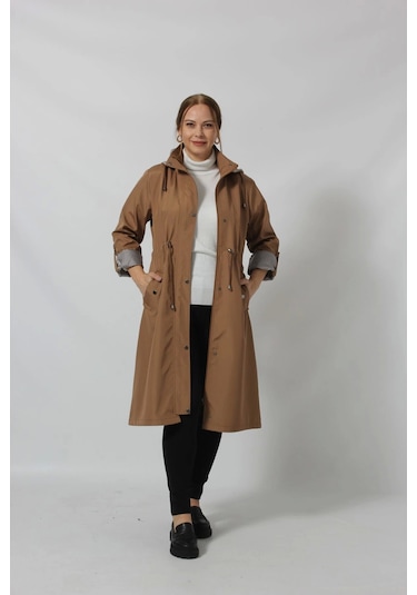 Uzun Astar Detaylı Bondit Trençkot Kahve Rengi Kahverengi