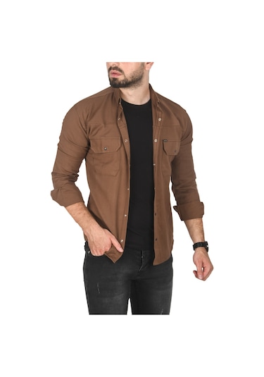 Deepsea Erkek Kahve Büyük Beden Pamuklu Likralı Spor Gömlek Dar Kalıp, Çıt Çıt Kapamalı 2500423 Kahve