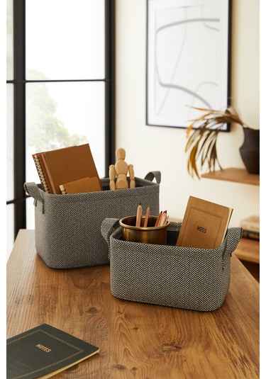 Ocean Home Textile 2'li Antrasit Renk Dokulu Kumaş Sepet Set 24 x 17 x 12 / 30 x 21 x 18 cm