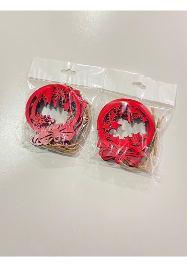 Ahşap 12 Adet Yılbaşı Ağacı Süsü Kırmızı