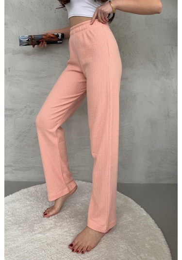 Kadın Yavruağzı Yüksek Bel Fitilli Bol Paça Günlük İnce Eşofman Altı Yavruağzı