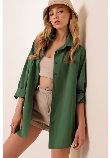 Bigdart 3900 Oversize Uzun Basic Kadın Gömlek Zümrüt Yeşili 001