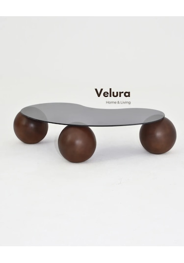 Modern Orta Sehpa & Top Sehpa Cam Sehpa & Küre Orta Sehpa - Koyu Ceviz Top - Fasulye - Füme Cam Ceviz