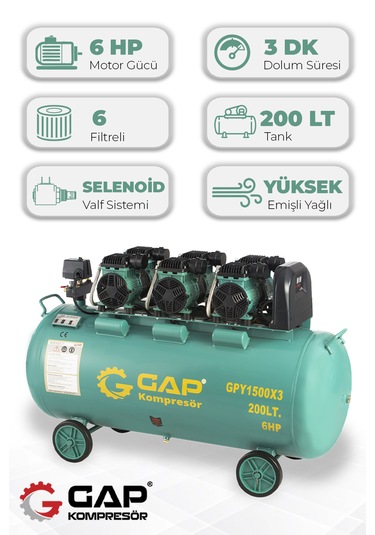 Gap Kompresör Gpy15003-2 Hava Kompresörü Yüksek Emişli Yağsız Teknoloji 200 L