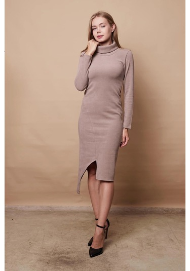 Kadın Likralı Triko Kumaş Tam Balıkçı Asimetrik Uzun Kol Diz Boy Elbise-bej Bej