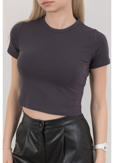 Giysa Kadın Bisiklet Yaka Pamuklu Basic T-shirt Antrasit Ms0000102 Antrasit