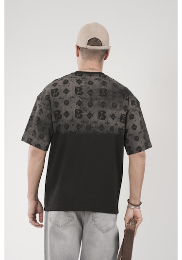King-Brich Oversize Kalıp Logo Baskılı Bisiklet Yaka Basic Tişört Siyah