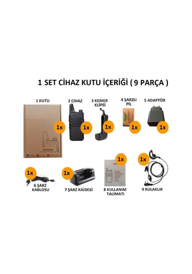 1'li Pmr 446 TÜRKÇE KONUŞAN El Telsizi Wln Kulaklık Hediyeli Telsiz Tam Takım 9 Parça Set