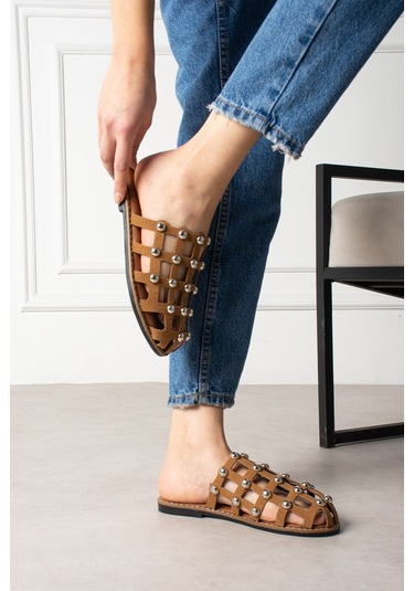 Shoetek Livya Kadın Terlik Pimli Taba Süet