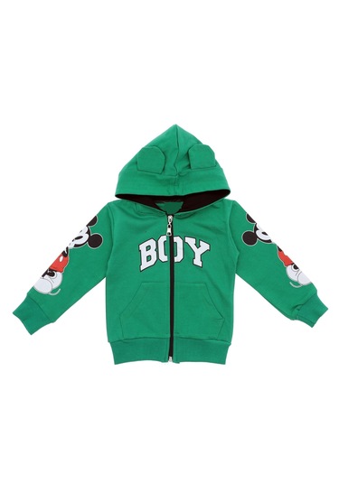Erkek Çocuk Boy Yazı Kapüşonu Kulaklı Kolları Resimli Yeşil Hırka