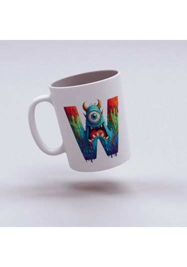 W Harfi Bardak, Sevimli Canavarlar Harflı Bardak Hediyesi Porselen Beyaz