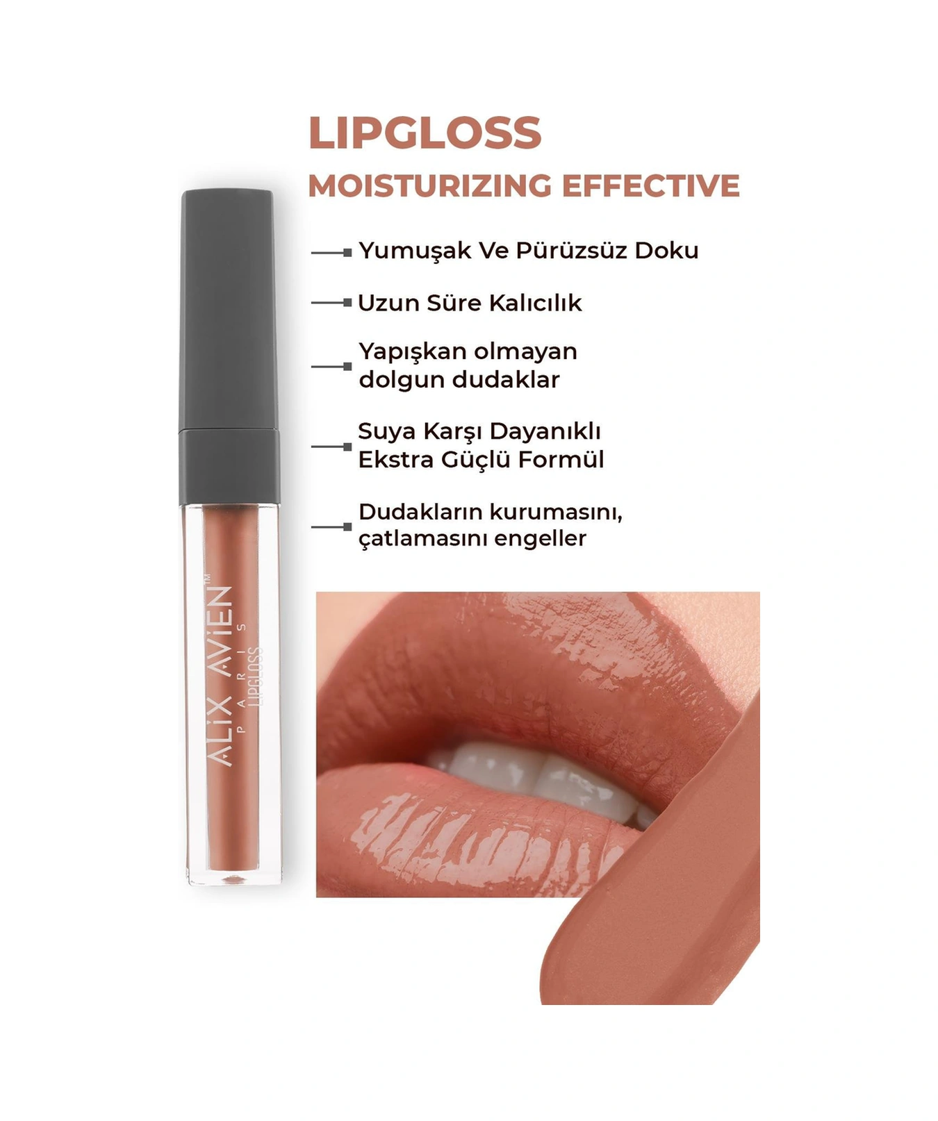 Alix Avien Uzun Süre Kalıcı Yapışkan His Bırakmayan Nemlendirici Dudak Parlatıcısı Lipgloss 05 Soft Caramel