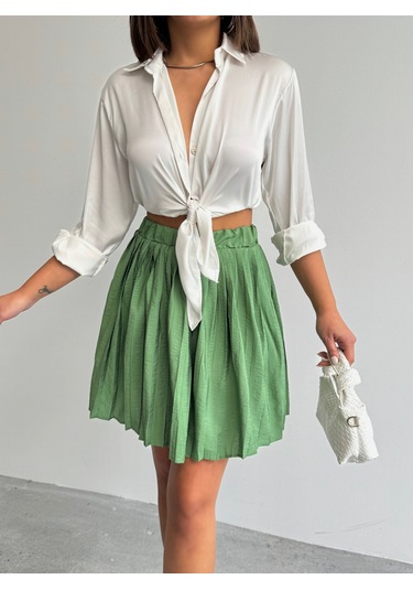 Kadın Modal Dokulu Piliseli Şortlu Mini Etek Yeşil