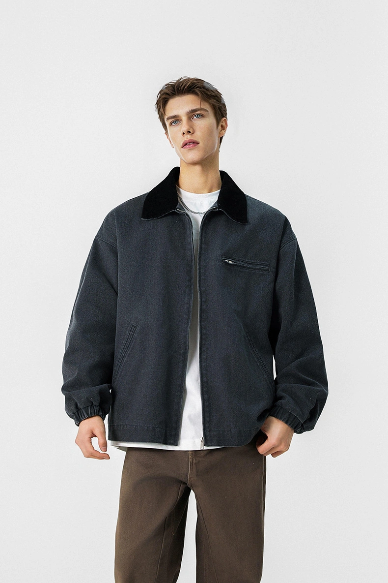 Snapbuy Yıkanmış Denim Ceket, Amerikan Retro Stili, Kontrast Yakalı, Bol Kesim Siyah