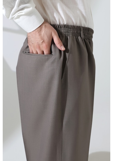 Erkek Beli Lastikli Cepli Hac Umre Kumaş Şalvar Pantolon - Toprak Isr Vizon