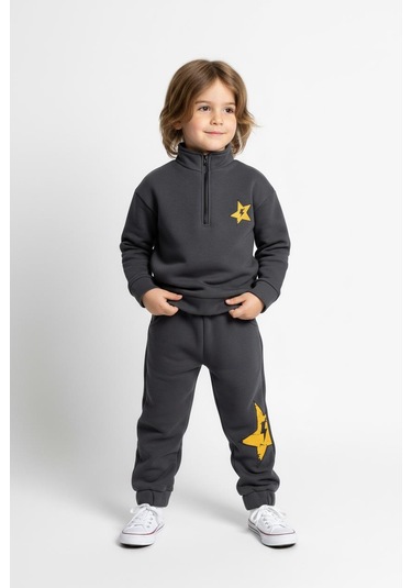 Fermuar Detaylı Şimşek Baskılı 2 Li Takım Antrasit