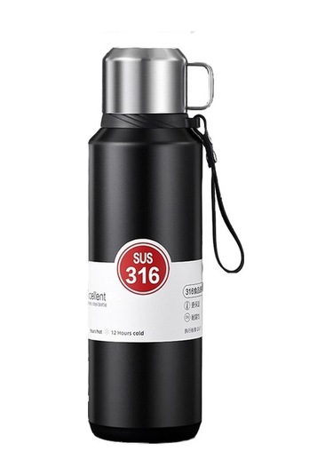 Dilele 316 Paslanmaz Çelik 1l Termos Bardak, Spor Ve Seyahat İçin Taşınabilir Vakumlu Yalıtım Siyah Siyah