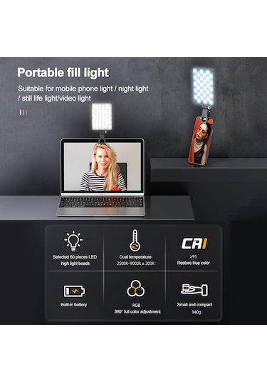 Yunboo Cl-v11r Taşınabilir Rgb Led Fotoğraf Aydınlatma Lambası, 5w Çift Renk Sıcaklığı, 24 Işık Efekti, Usb Şarj, Dahili Pil Siyah