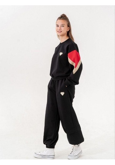 Kız Çocuk 2 İplik Kalp Aplikeli Tasarım Eşofman Takım-14216 Siyah