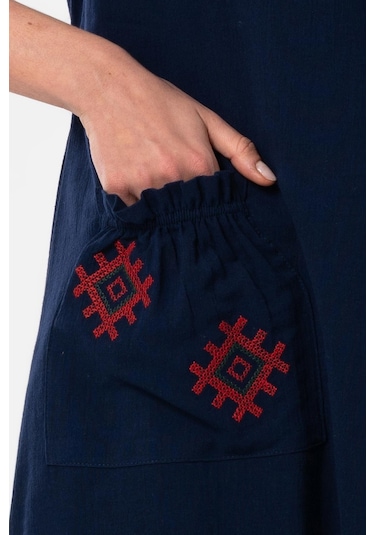 Kolsuz Şile Bezi Kruvaze Yaka Nakışlı Tülin Midi Boy Yazlık Otantik Elbise Lacivert Lcvt-lacivert Lacivert