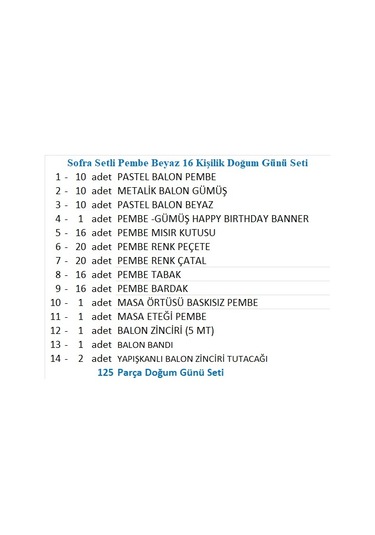 Sofra Setli Pembe Beyaz 16 Kişilik Doğum Günü Seti