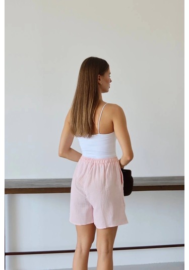 Kazax Müslin Kumaş Şort Bağcıklı Pembe Pt Pembe
