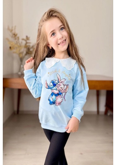 Yaka Detaylı Stitch Desenli Mavi Renk Kız Çocuk Takım Mavi